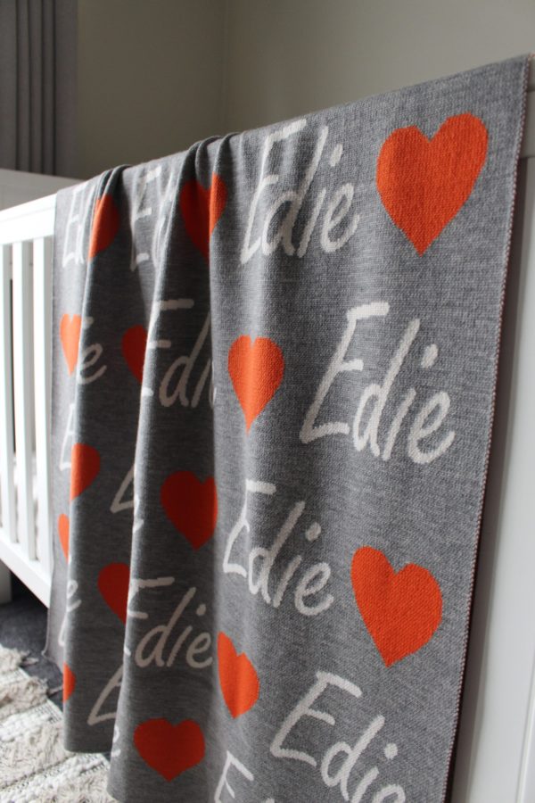 Love Heart personalised name blanket in Grey, Orange and White. Pure Australian Merino Wool, Australian Made baby blanket