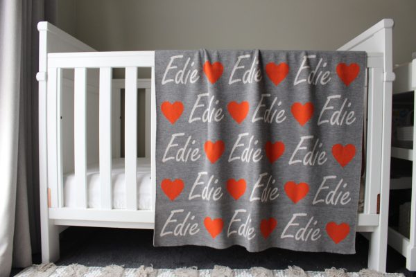 Love Heart personalised name blanket in Grey, Orange and White. Pure Australian Merino Wool, Australian Made baby blanket