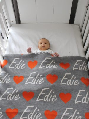 Love Heart personalised name blanket in Grey, Orange and White. Pure Australian Merino Wool, Australian Made baby blanket