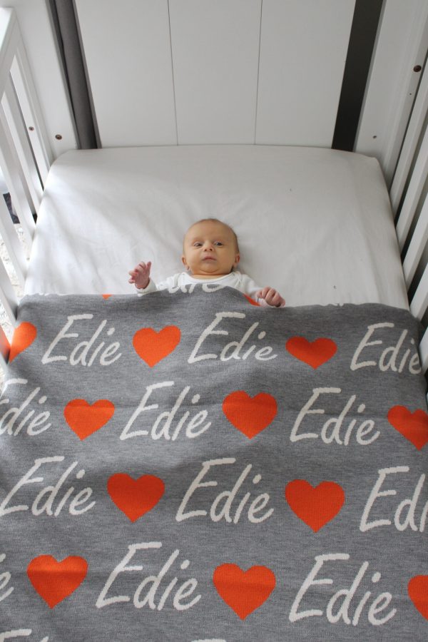 Love Heart personalised name blanket in Grey, Orange and White. Pure Australian Merino Wool, Australian Made baby blanket