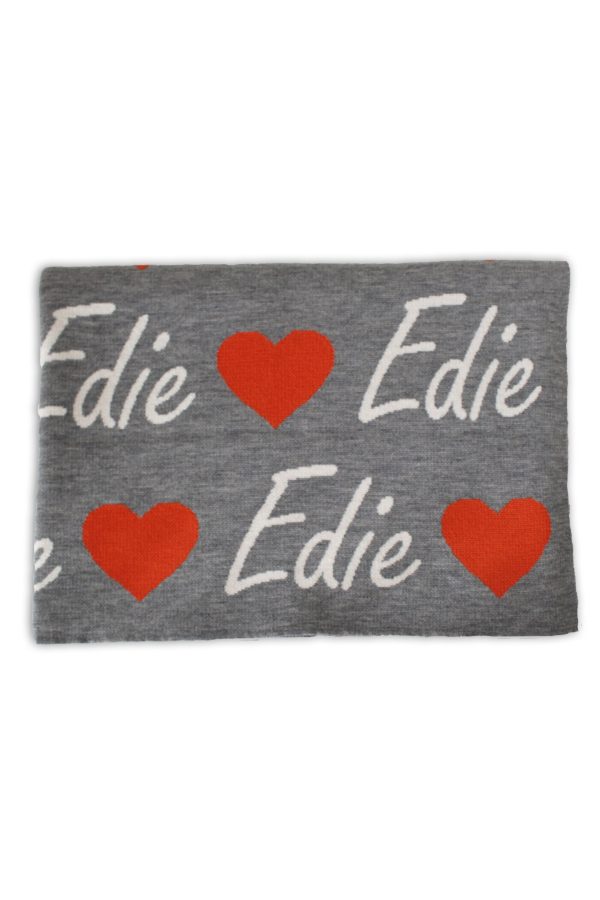 Love Heart personalised name blanket in Grey, Orange and White. Pure Australian Merino Wool, Australian Made baby blanket