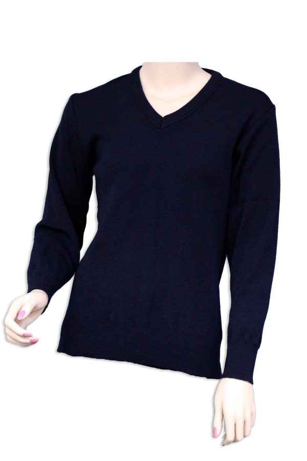 Australian Made Navy Blue Wool Acrylic V-Neck Jumper on Female Mannequin