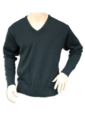 Australian Made Bottle Green Wool Acrylic V-Neck Jumper on Mannequin Torso