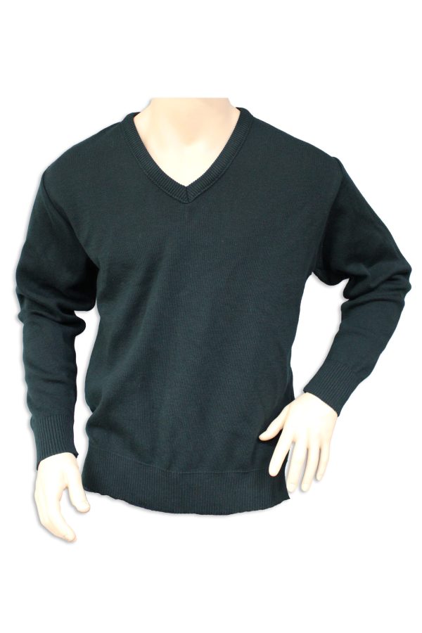 Australian Made Bottle Green Wool Acrylic V-Neck Jumper on Mannequin Torso