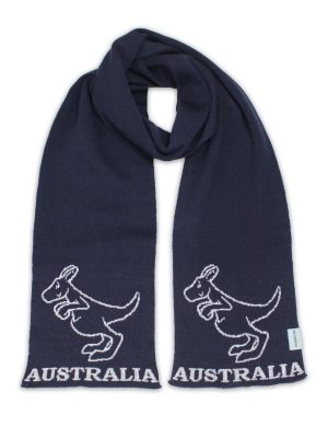 Navy Australian Merino Wool Kangaroo Scarf flat lay, showing silver kangaroos and 'Australia' on both ends