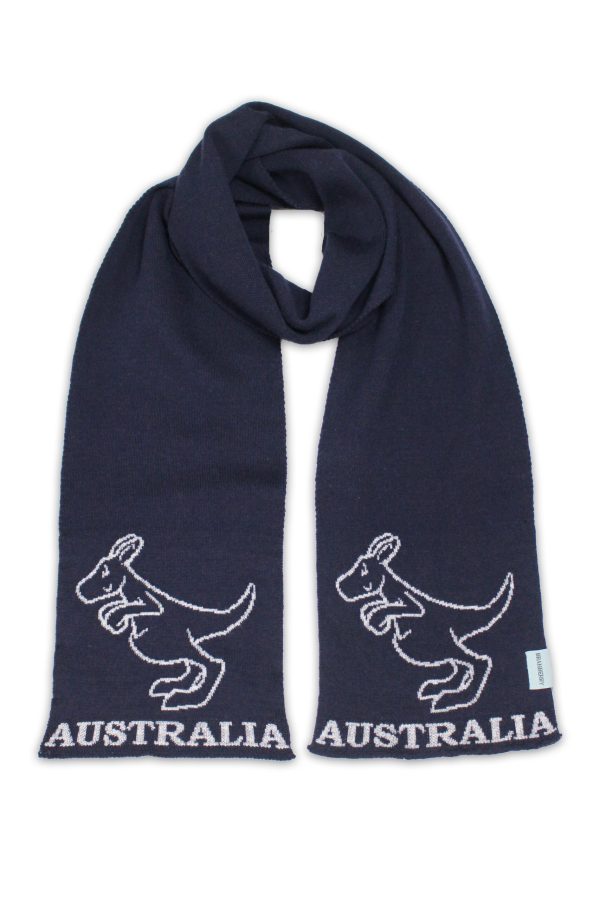 Navy Australian Merino Wool Kangaroo Scarf flat lay, showing silver kangaroos and 'Australia' on both ends