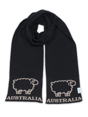Black Australian Merino Wool Sheep Scarf flat lay, showing beige sheep and 'Australia' on both ends