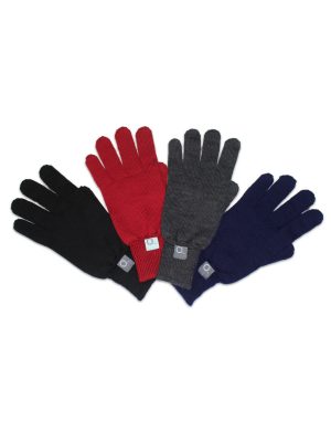 Four Pure Australian Merino Wool Knitted Gloves in Black, Grey, Red, and Navy colours fanned out