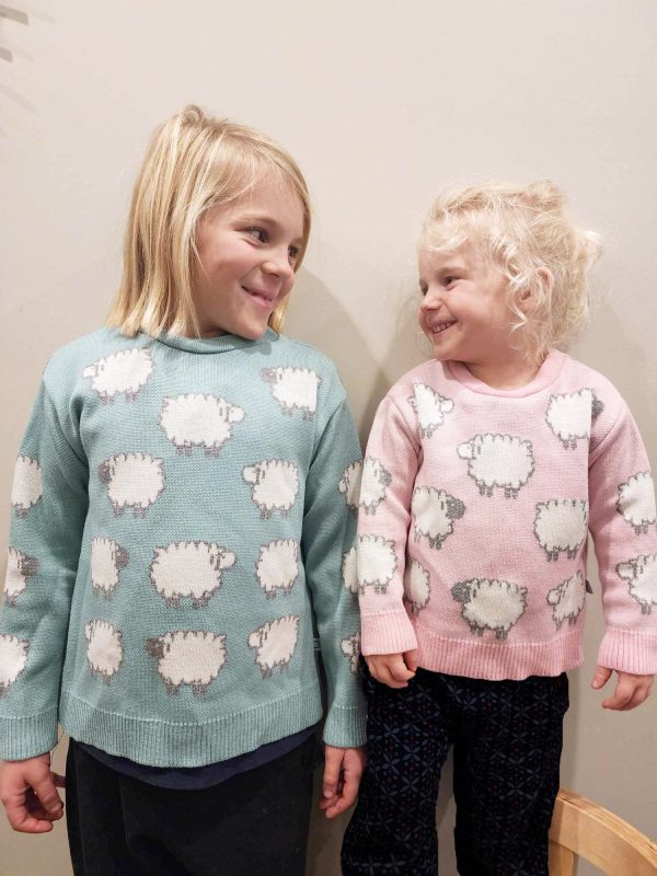 Two girls indoors wearing merino wool sheep jumpers, one in pastel pink and the other in pastel green, smiling at each other.