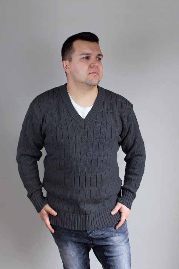 Man wearing Connor Chunky Cable Knitted V-Neck Jumper in bond grey, gazing out the window