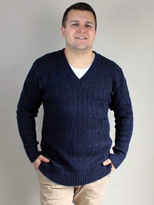 Smiling man wearing Connor Chunky Cable Knitted V-Neck Jumper in Navy